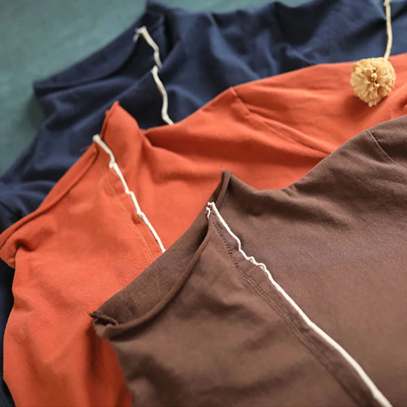 Женские хлопковые футболки с воротником хомутом из кусков осень 2019 новинка