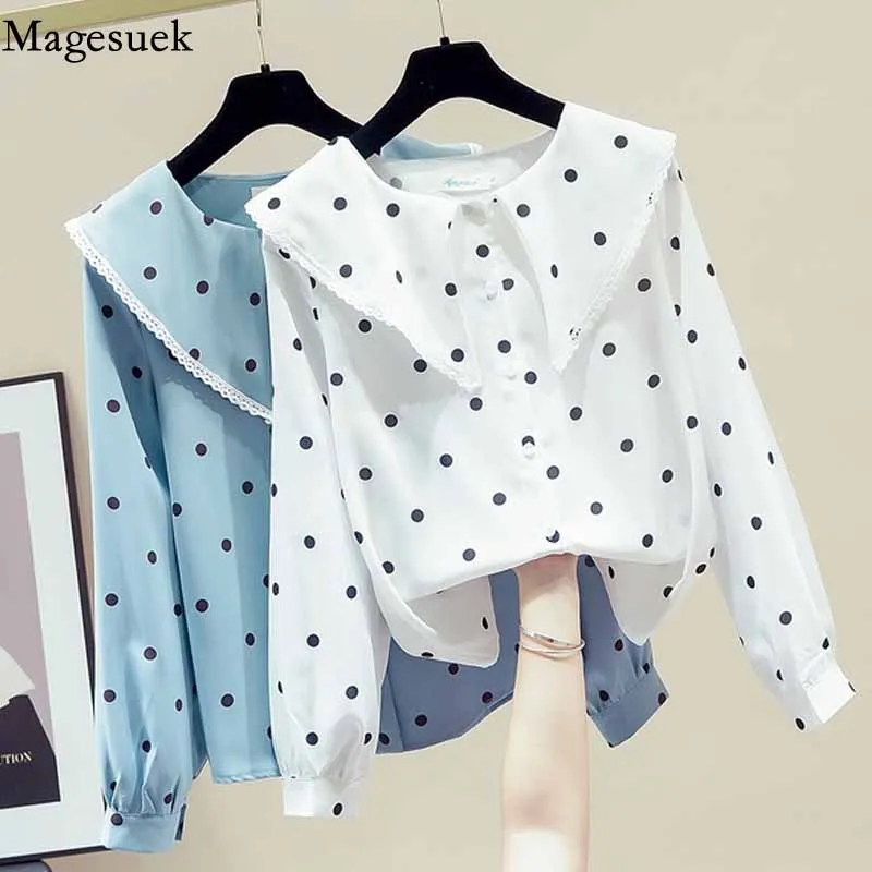 

Осенний шифоновый кардиган в горошек, рубашка, новая милая блузка в Корейском стиле, с длинным рукавом и кукольным воротником, кружевные топ...