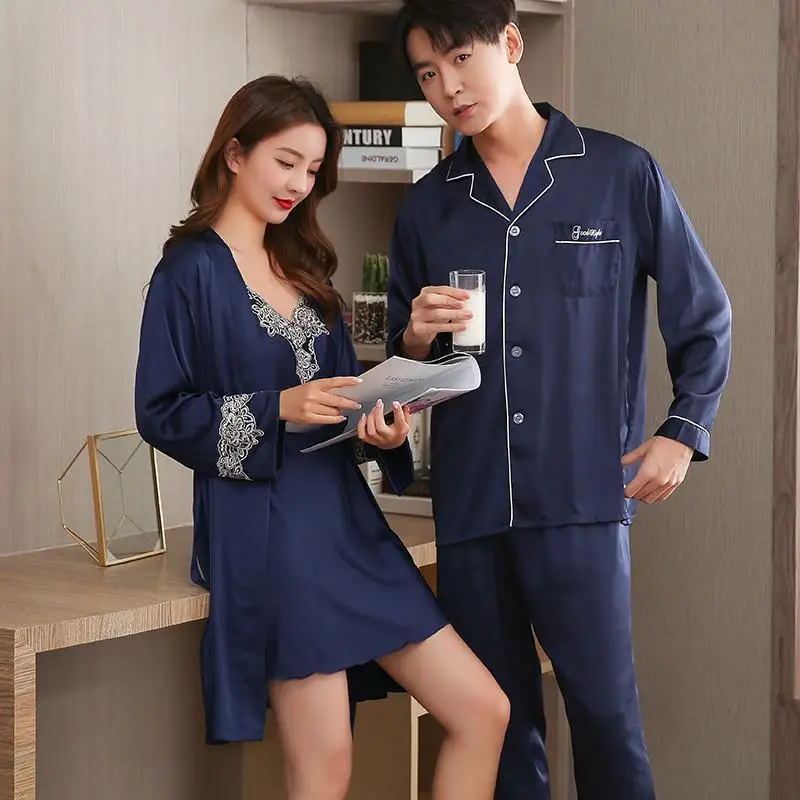 Housecoat  Couple Silk Pajamas Set Men Male Autumn Sleepwears Pyjama 2PCS Home Clothes Pijamas Para Parejas Shirt Trousers Pants