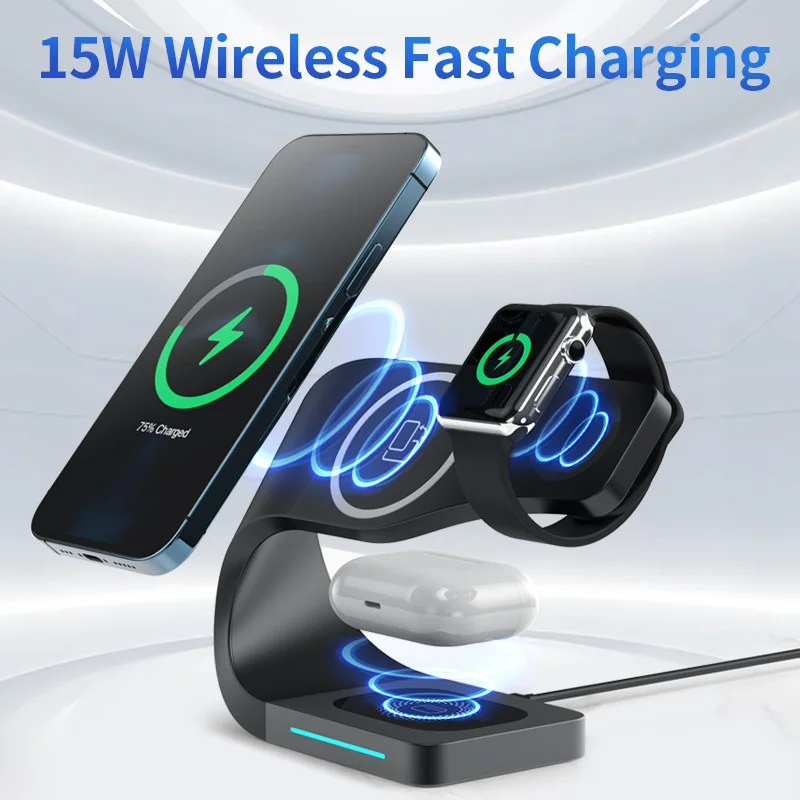 

3/4 In 1 Magnetic Wireless Charger Stand 15W Fast Charging Dock Station for Magsafe Iphone 12 13 Pro X Max for iWatch Airpods 2