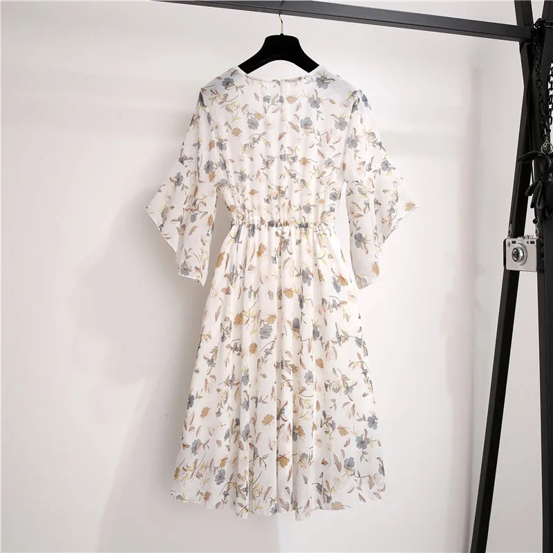 

Spring Summer Chiffon Dress Women Knee Length V-Neck Print Dresses Sweet Ruffle Sleeeve Slim New Casual Drawstring Women Dress
