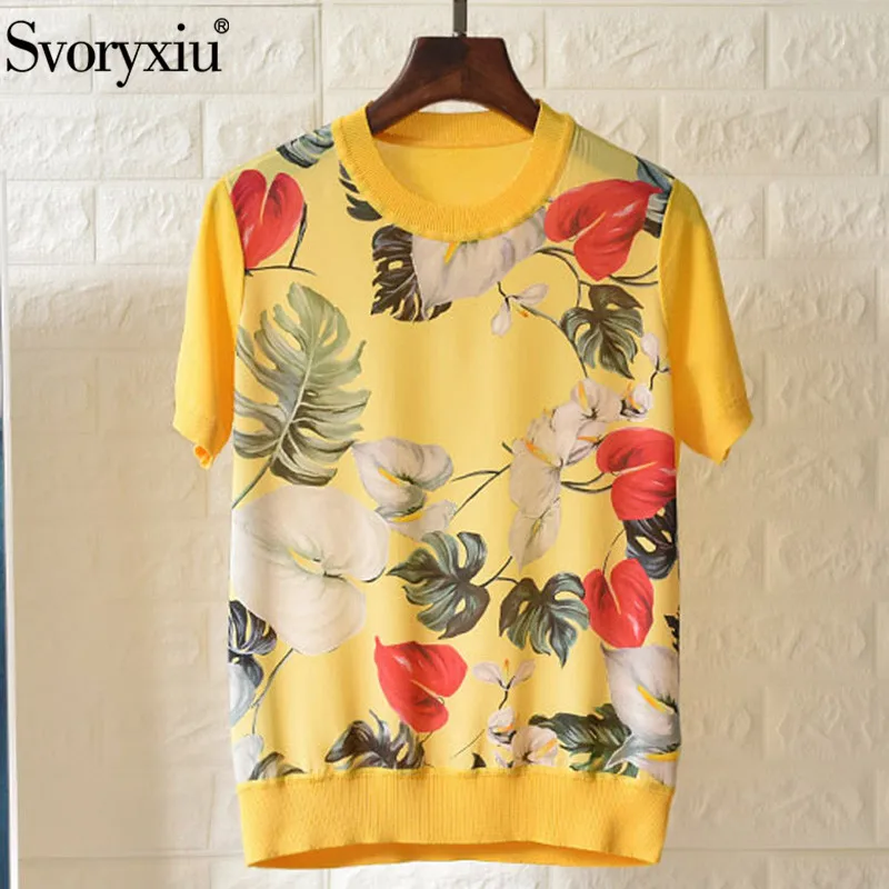 

Женская трикотажная футболка Svoryxiu, разноцветная футболка из шелка с цветочным принтом и короткими рукавами на лето 2020