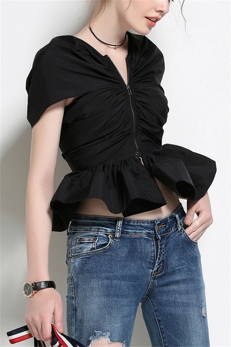 

V-neck Three-dimensional Ruffled Hem Short-sleeved Shirt Solid Color Pleated Temperament Zipper Short Shirt Female Dress