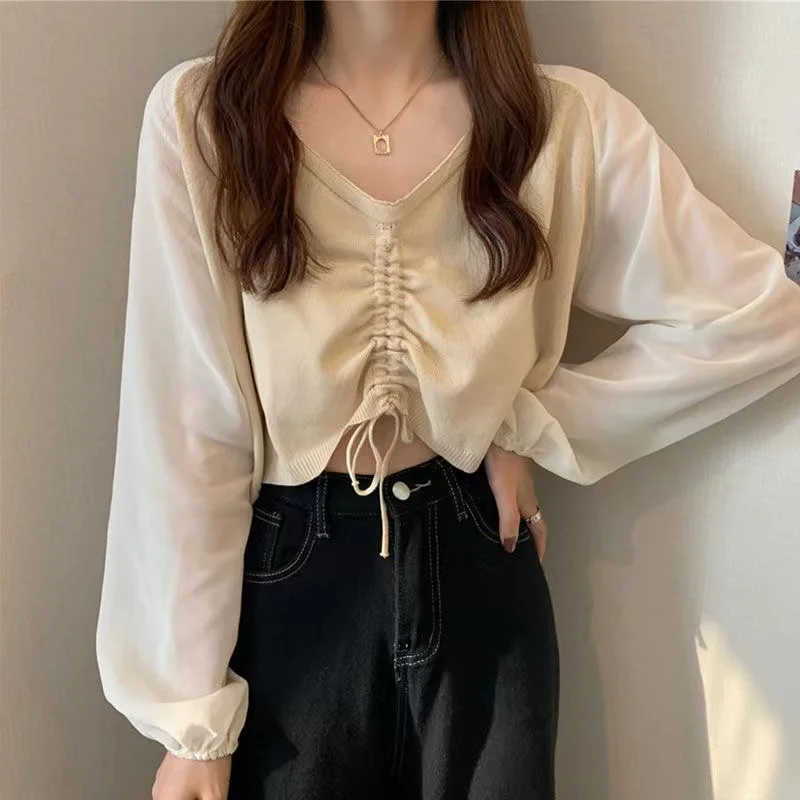 

2021 Spring Autumn Tops Long Sleeve V Neck Shirt Drawstring Tees Elegant Blouse Korean Style Crop Top Female Knitted Tshirt