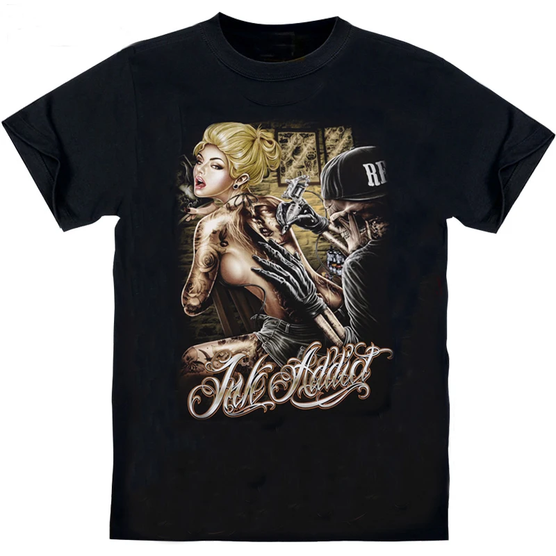 

Cotton Printed T-shirt Skull Tattoos Sexy Beauty Printed Large Men's T Shirt