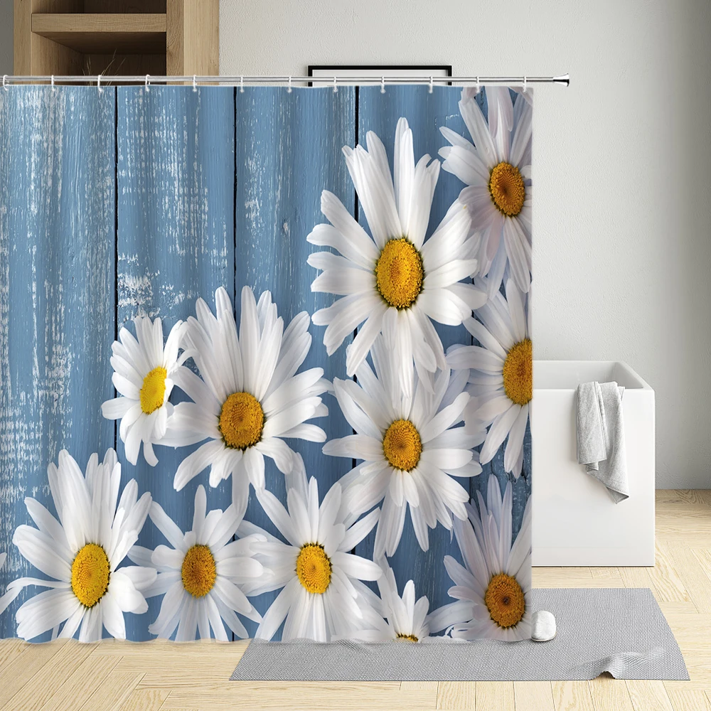 

Flower Creative Shower Curtain Printed White Chrysanthemum Bird Peony Green Leaves Berries Pine Nuts Rose Cloth Bathroom Decor