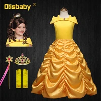 beauty and beast party girls belle dress yellow floor length ball gown fancy fairy princess belle brown curly wig for children