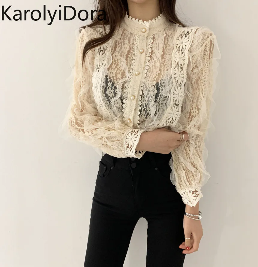 2020 Spring New Arrival Ladies Lace Shirt Hook Flower Long Sleeve Loose Stand Collar Blouse Shirts Women Fashion Crochet Tops