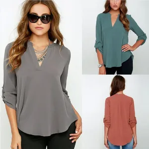 Blouses Feminine 2018 New V-neck Solid Colors Chiffon Blouse Sexy Lady Long Sleeve Blouse Fashion Blouses Shirt 8 Colors Tops
