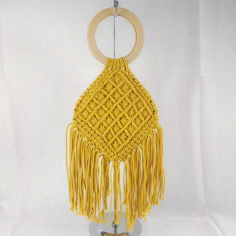 

Bohemia Tassel Cotton Woven Women Handbags Round Wooden Handle Hand Bags For Women Summer Beach Handmade Qulited Women's Bag New