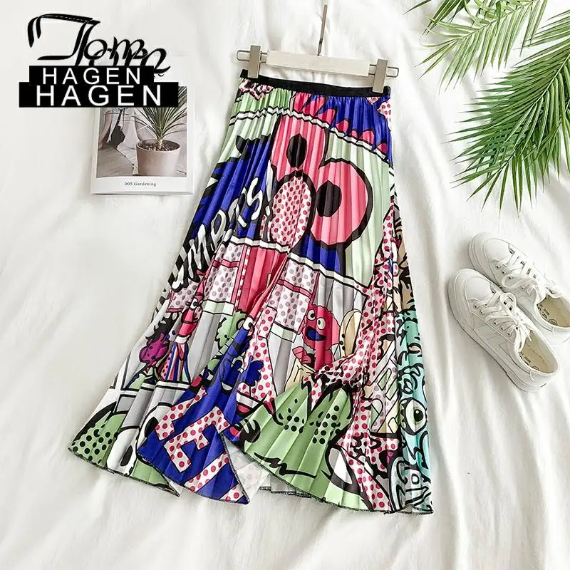 Женская плиссированная юбка с мультяшным принтом высокой талией|Женские юбки| |