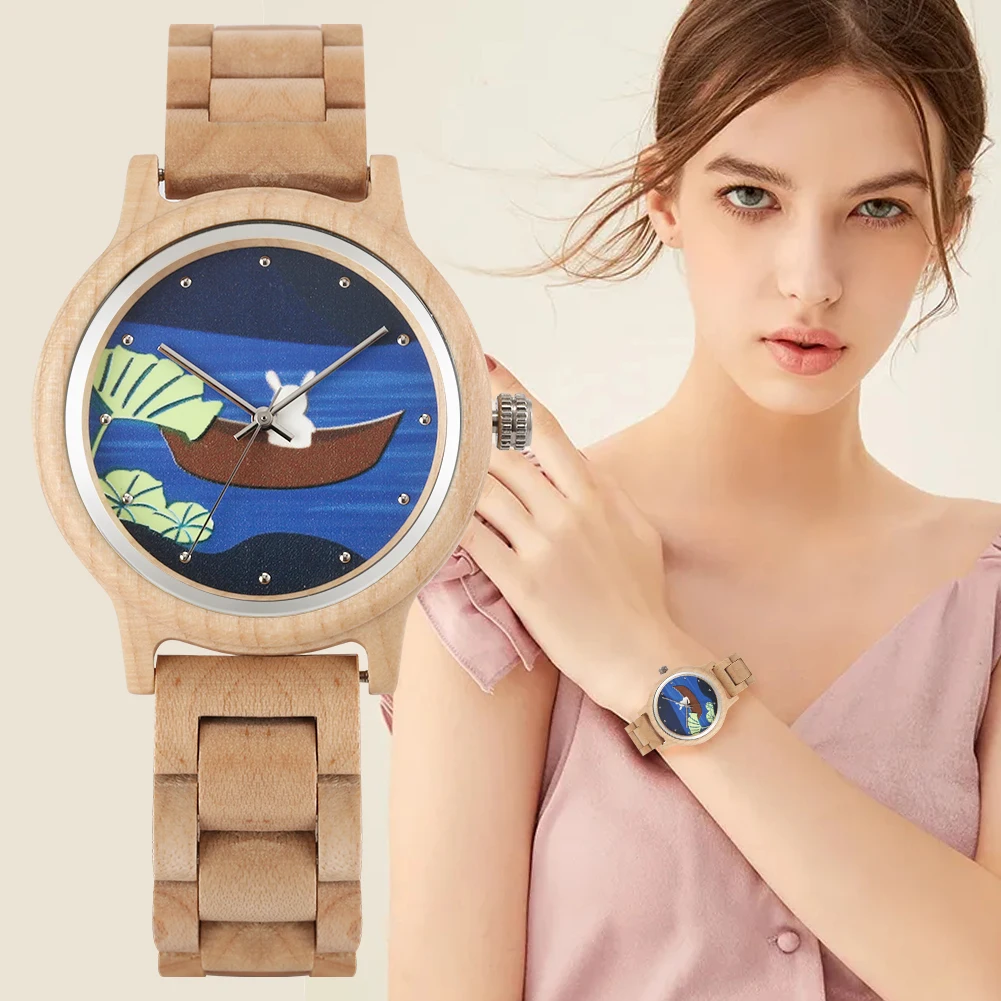 

Women Full Wood Watch Lovely Lotus Leaf Dial Quartz Minimalist Watches Ladies Wooden Band Fold Buckle with Manual Strap Adjuster