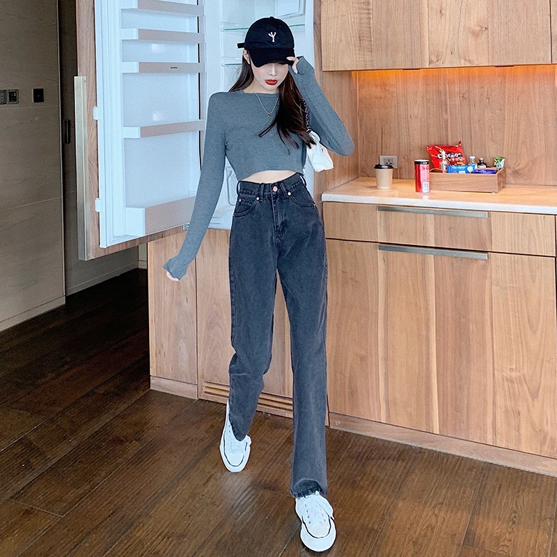 

Pants Women's Korean-Style Chic All-Match High Waist Slimming Youthful-Looking Jeans Hong Kong Style Smart Trousers Straight-Leg