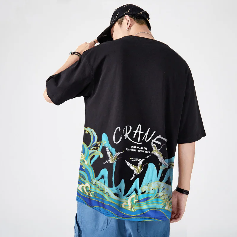 

Chinese style large size embroidery crane round neck student Harajuku summer cotton half-sleeved short-sleeved T-shirt male