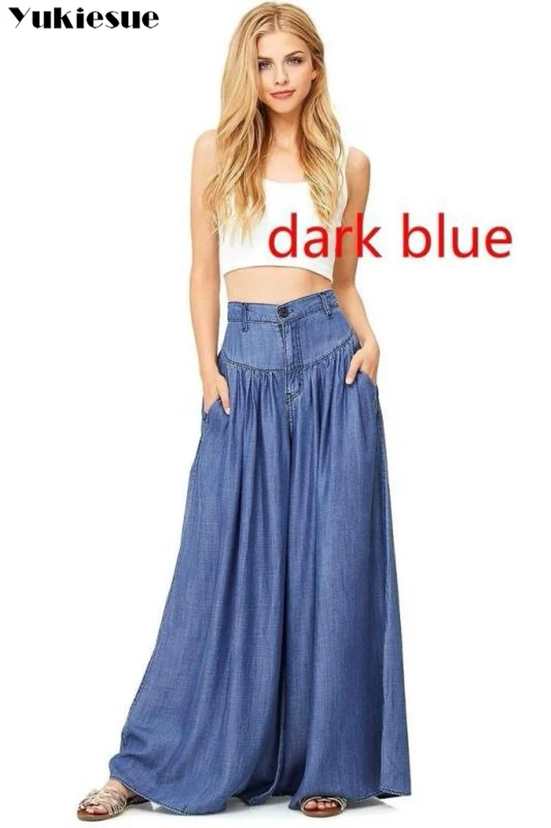 Женские длинные брюки шаровары с высокой талией Свободные плиссированные синие