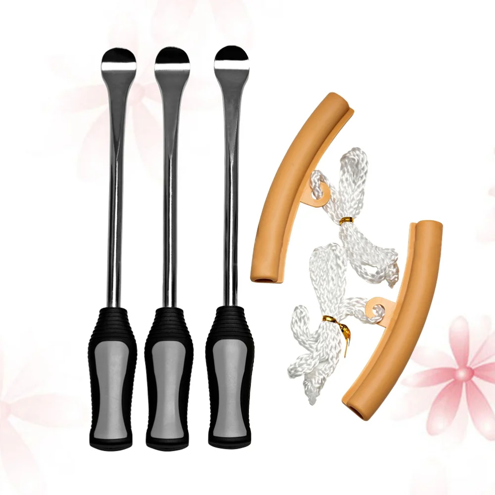

5 in 1 Tire Changing Set Tire Spoon Lever Tools Rim Protector Sheaths (3 Grey Tire Spoon and 2 Beige Protectors)