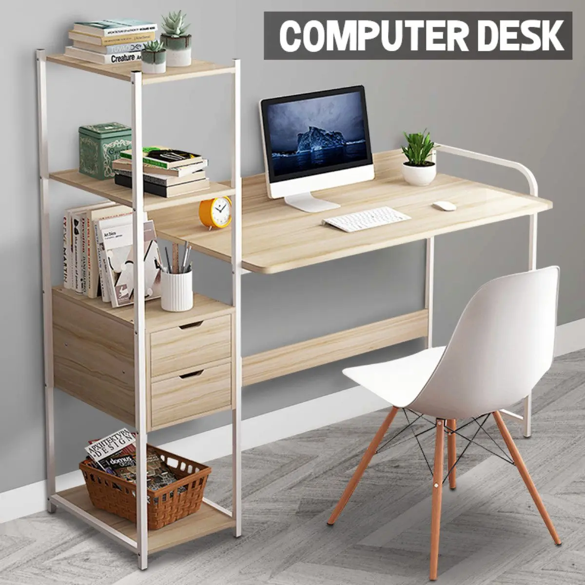 Escritorio para ordenador portátil, mesa de estudio con estantes, cajones, oficina, PC, portátil, estación de trabajo para juegos en casa