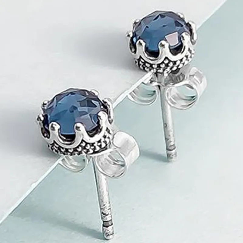 

100% 925 Sterling Silver Pan Earring Transparent Sparkle Blue Sparkle Crown Stud For Women Wedding Gift Fashion Jewelry