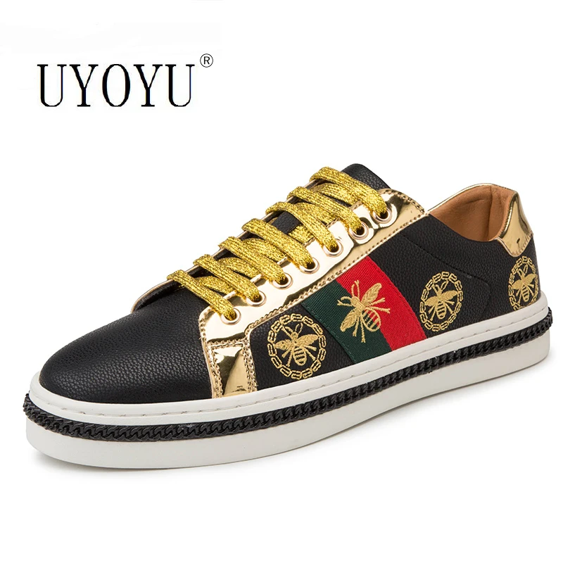 Женские кроссовки с вышивкой пчела золотистые повседневные уличные на плоской