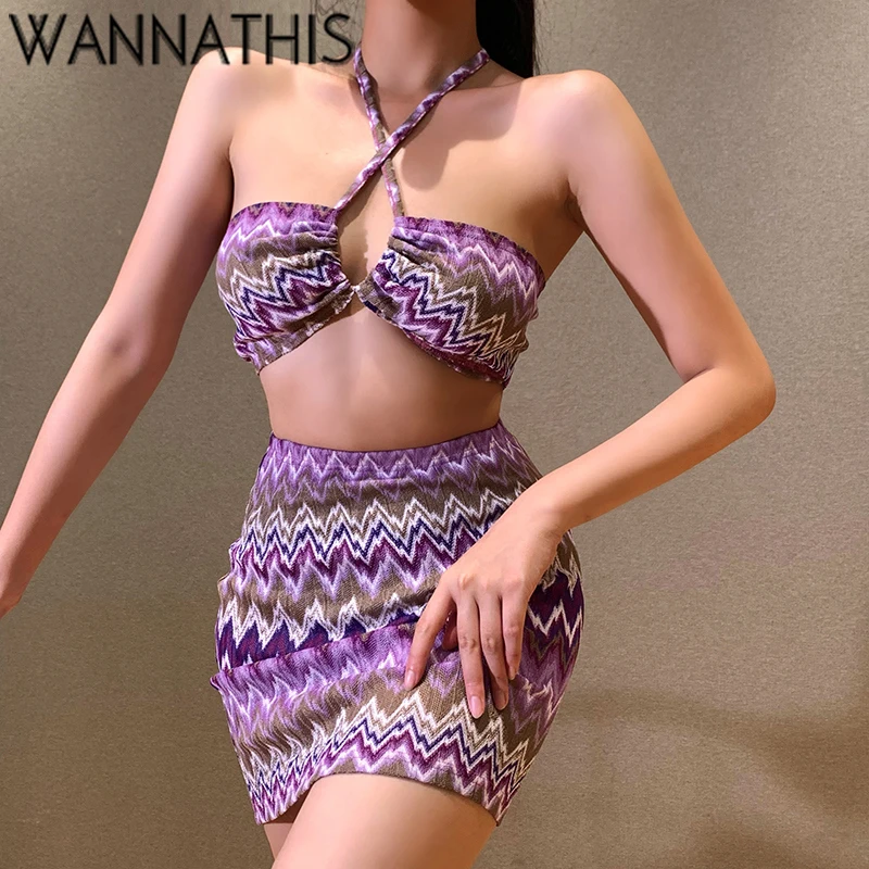 

WannaThis Y2K Knit Cropped Top Skirt Two Pieces Sets Sleeveless Halter Wave Print Vacation Top and Mini Skirts Summer Sexy Sets