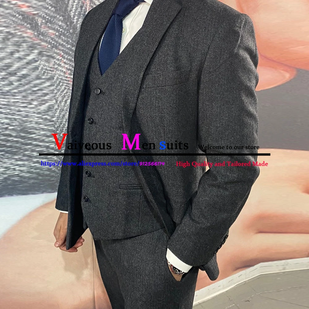 Мужские костюмы 3 шт. деловые классические серые твидовые шерстяные смокинги в