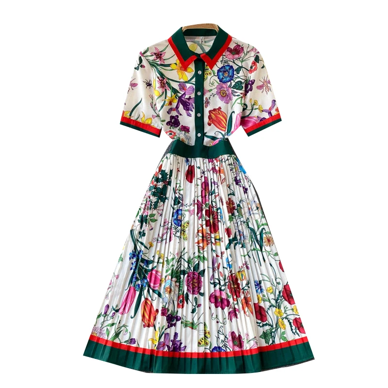 

European Women's 2021 New Fashion Temperament Vestidos Lapel Print Short-sleeved Slim Pleated Midi Dress DK336