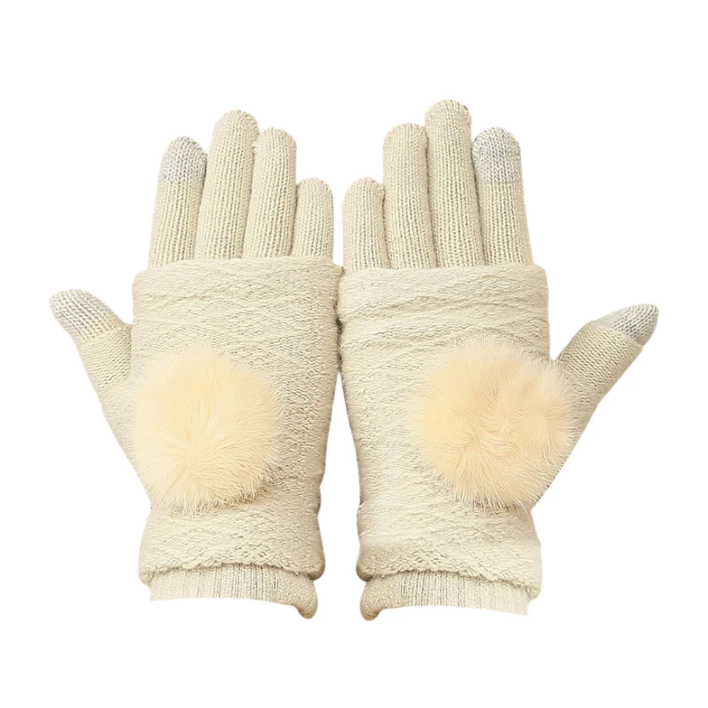

Winter Women Soft Fur Ball Faux Cashmere Touch Screen Full Fingers Warm Gloves