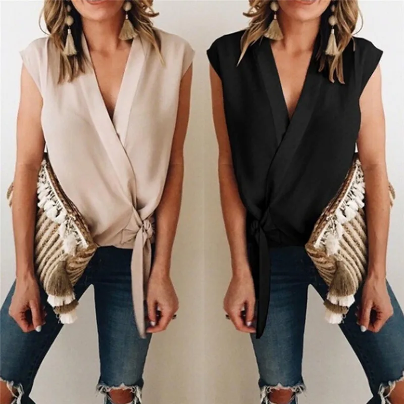 

Solid Color Chiffon Summer Female Top Sexy V Neck Sleeveless Bow Blouse Casual Office Street Fashion Wild Lady Blouse