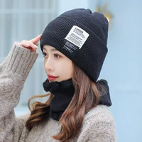 2pcs autumn winter woman knitted hat ladiescloth label plus velvet thick woolen outdoor student cycling warm bib hat cover kit