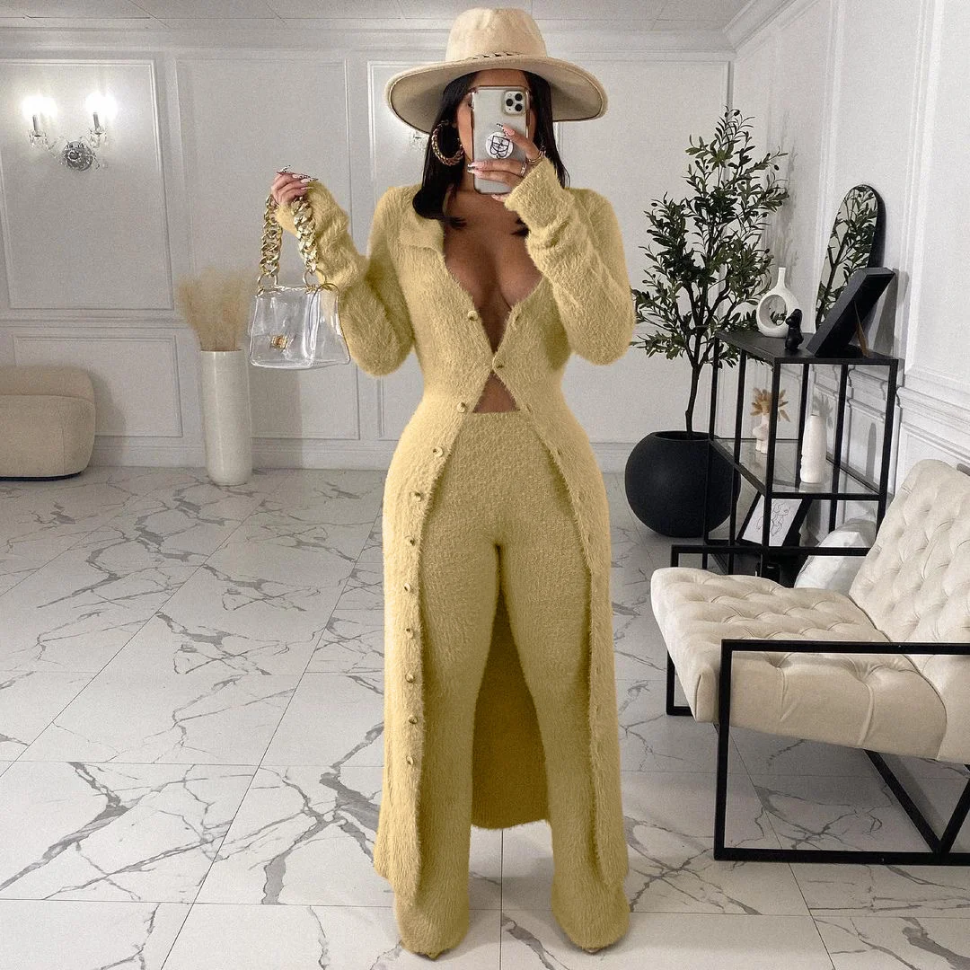 

New Winter Women Fashion Plush Two Pieces Set Lapel Long Style Cardigant +full Pants Set Single Brrasted Loose 2 Pieces Set