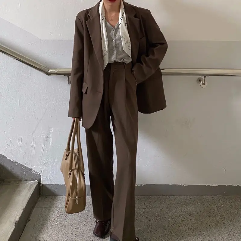 

Office Lady Work Suit Casual Setup Single-Breasted Blazer With High Waist Wide Leg Pants Two-Piece Set Women'S Autumn Pantsuit