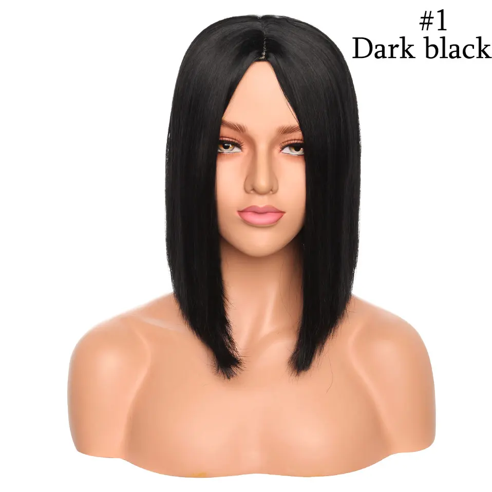 dark black SNOILITE 12 дюймов прямой синтетический боб парик Средняя линия волос Боб Прическа короткий парик косплей парики волос для женщин 9 цветов - Цвет: dark black