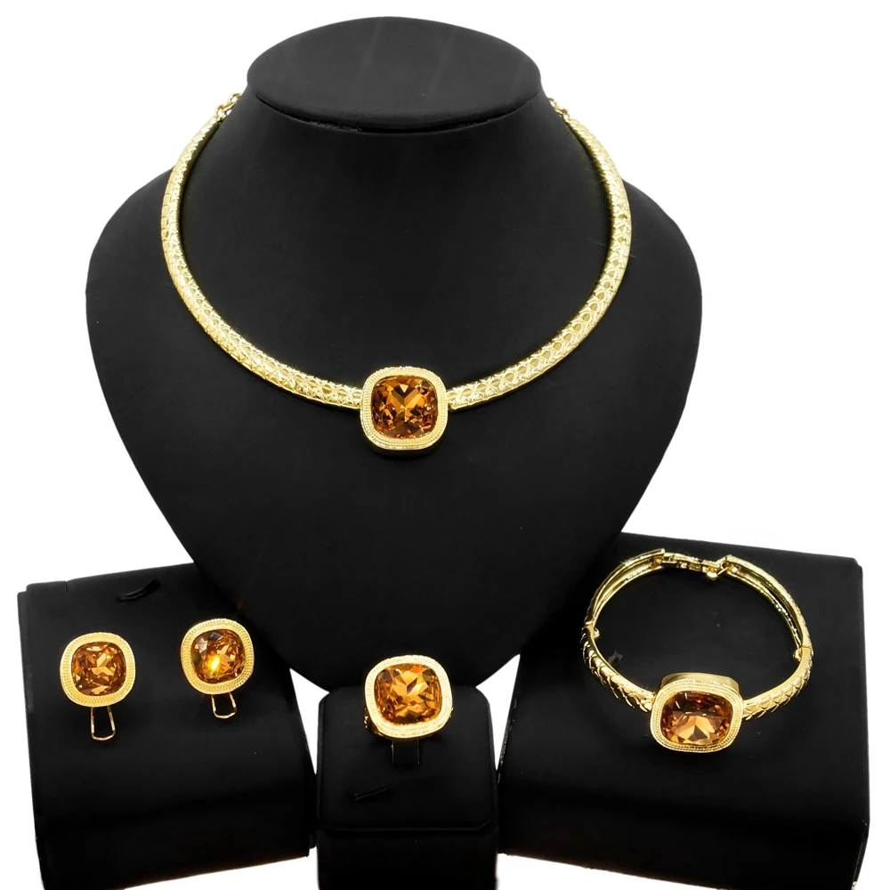 

Yulaili High Quality Luxury Dubai Gold Jewelry Sets Bride Crystal Flowers Pendant Necklace Earrings Charm Bracelet Ring Jewelery