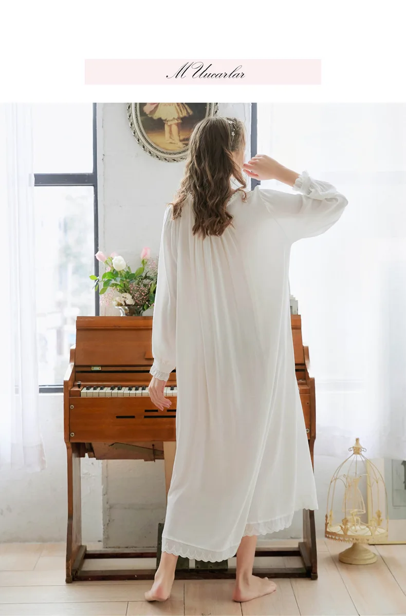 

New Loose Plus Size Long Sleeve Nightdress Female Spring Summer Retro Palace Princess Pure Cotton Long Split Sweet Home Service