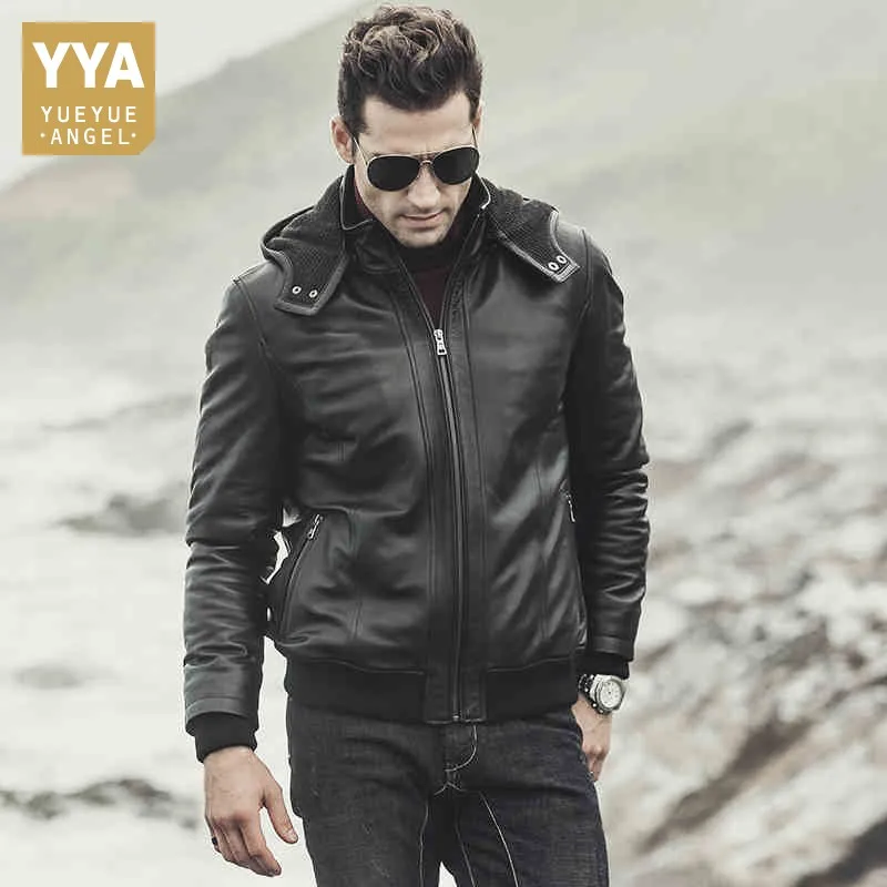 

Real Leather Jacket Men Winter Slim Cotton Thicken Hooded Jacket Brand Black Casual Genuine Sheepskin Short Coats Plus Size 5XL