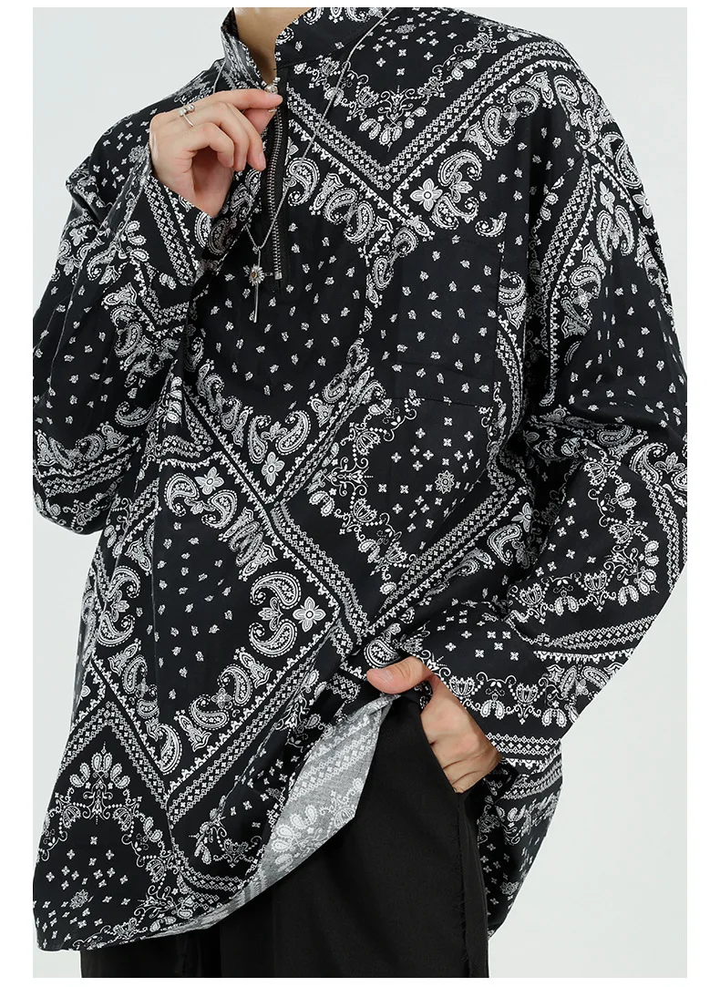 

Men Vintage Pattern Print Stand Collar Long Sleeve Casual Zipper Pullover Shirts Male Streetwear Hip Hop Loose Shirt