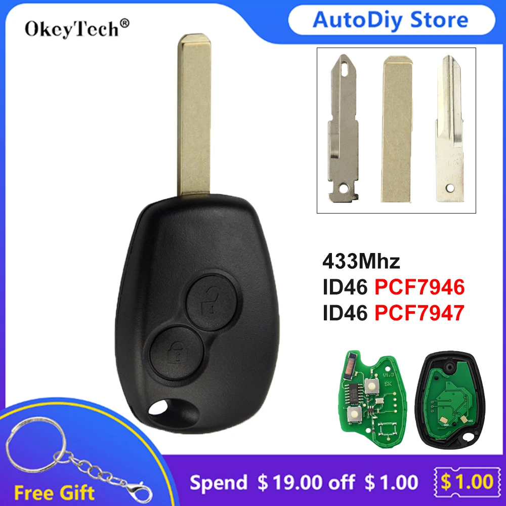 

Okeytech 2 Button Remote Car Key For Renault Duster Modus Clio 3 Twingo DACIA Logan Sandero 433Mhz PCF7946/PCF7947 ID46 Chip