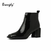 brangdy 2022 ins fashion ankle boots slip on cow leather autumn women shoes round toe square med heel winter short boots 34 39
