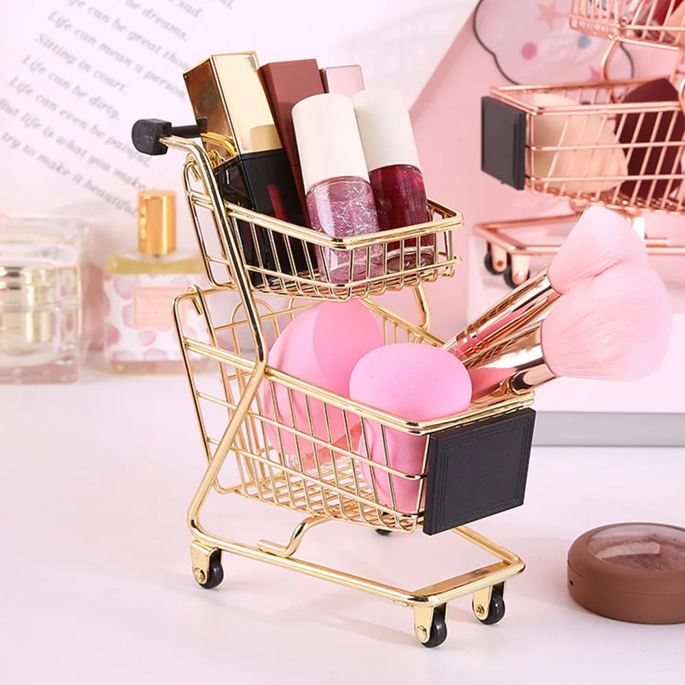Nordic Mini Storage Basket for Lipstick Cosmetic Egg Vogue Rose Gold Metal Double Layers Shopping Cart Model | Дом и сад