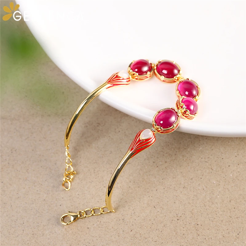 

925 Silver Cloisonne Oval Red Corundum Bracelet For Women Fine Jewelry Gemstone Trendy Bangle Bracelets San Valentine Day Gifts