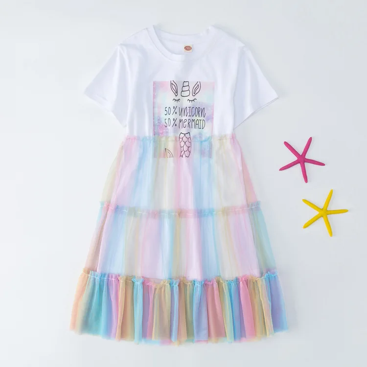 

Girls' Fashion Dresses Big Kids Korean Version of Rainbow Mesh Skirt Western-style Print Princess Dress
