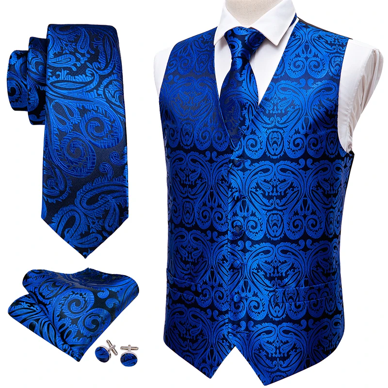 

Royal Blue Mens V-neck Suit Vests Formal Paisley Waistcoat Necktie Cufflinks Handkerchief Set Silk Vests Barry.Wang SJ-2024