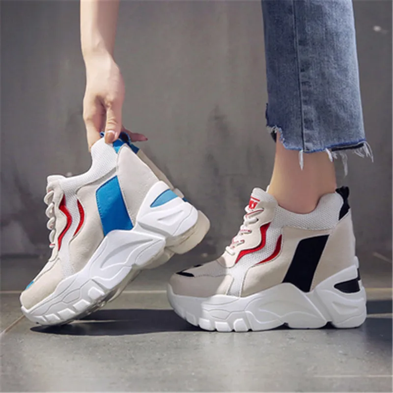 

Women's Chunky Wedge Sneakers Fashion Platform 8cm High heels Lace Up Breathable Air Vulcanize Shoes Female Trainers Dad Shoes