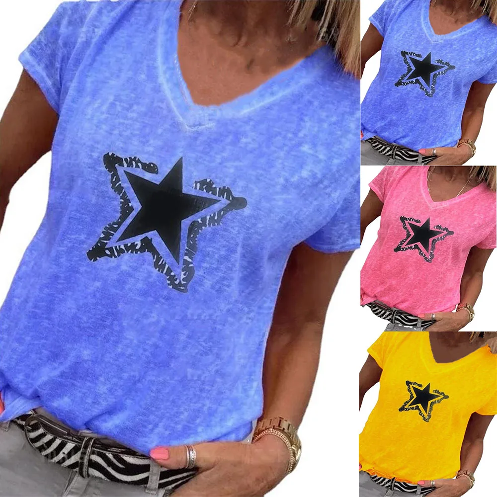 

Star Printed Tshirt Top Short Sleeve Women Casual Tees Loose V-Neck T-Shirts 5XL Lady Tops Female Clothes 2021 Summer