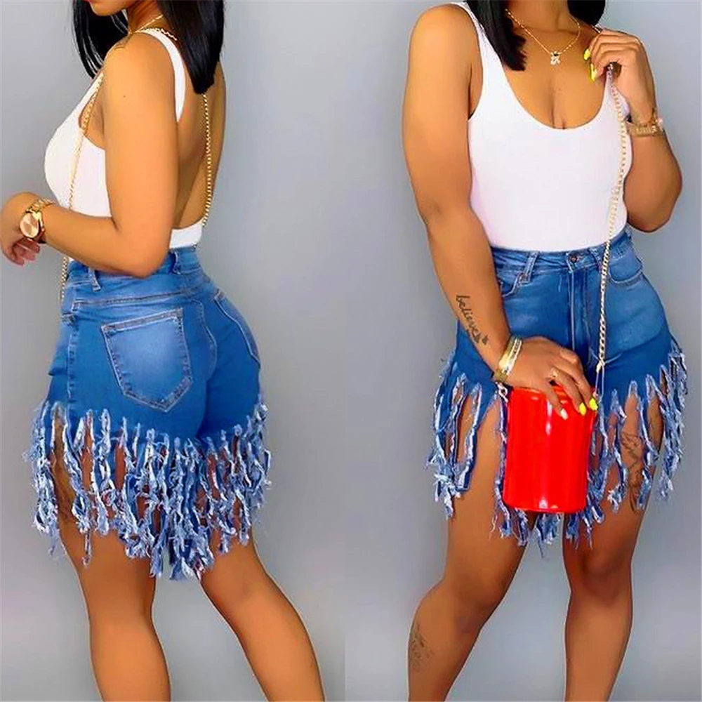 

Plus Size S-3XL Tassel Casual Denim Shorts Women Elastic High Waist Short Jeans Summer Streetwear Fashion Trousers