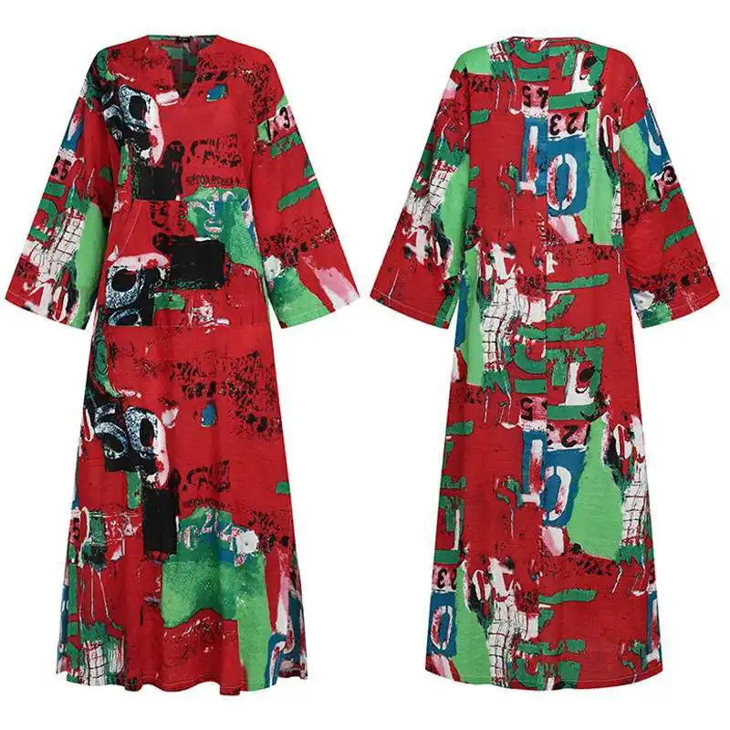 Женское длинное платье с принтом элегантное модное V-образным вырезом и длинными