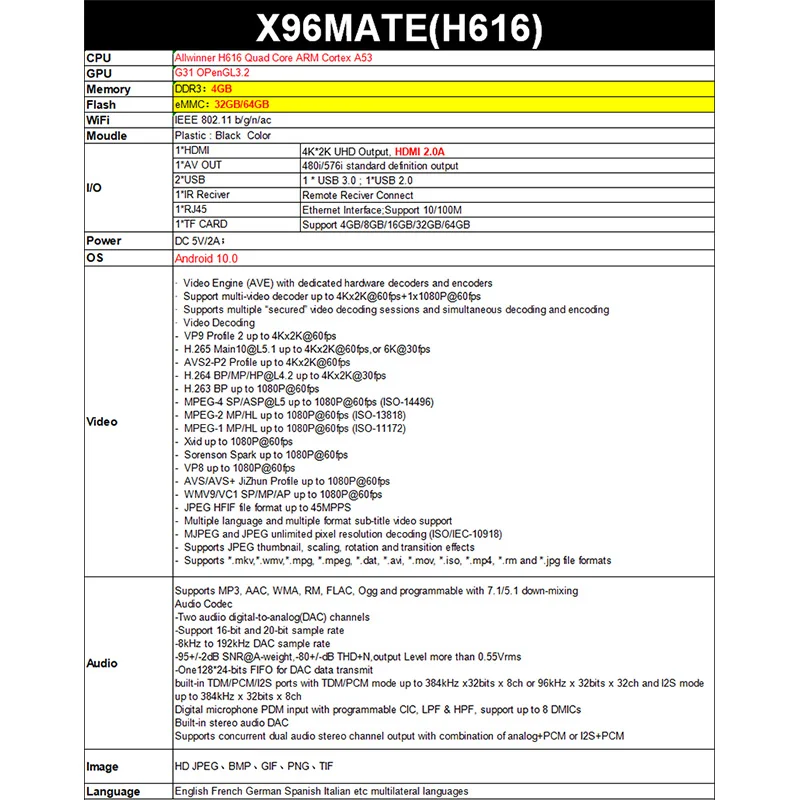 X96 Mate Смарт ТВ приставка Android 10 Allwinner H616 4 Гб + 32 ГБ ЕС 2 4G & 5G Wi Fi Bluetooth 6K HD Google