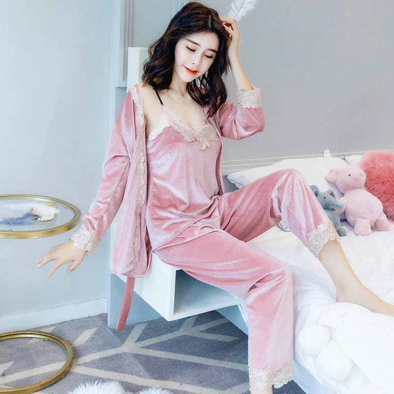 

Autumn Winter Warm Pajamas Set Women Sexy Pajamas Sleepwear For Women Sleeveless Strap Nightwear Long Pant Robe