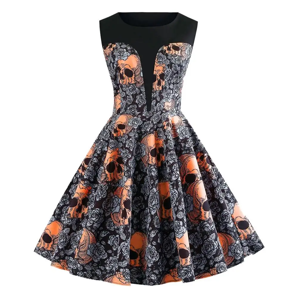Модное женское платье с черепом элегантное вечернее на Хэллоуин цветочный принт