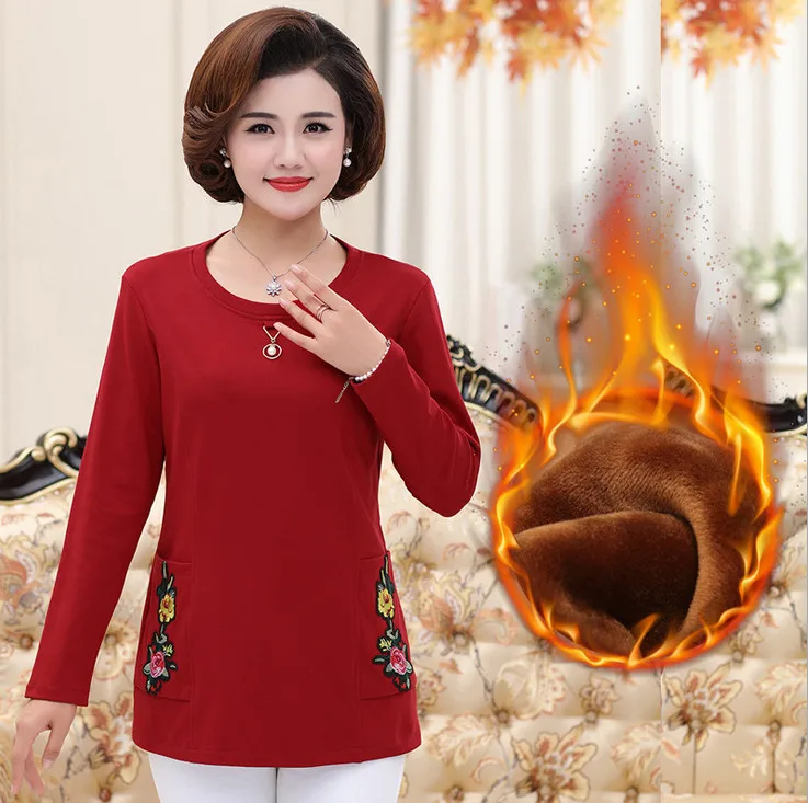 warm tops fall winter women thick long sleeves t-shirts velvet jersey plus size middle age mother shirt pulloves bottoming shirt - Цвет: velvet red 8291